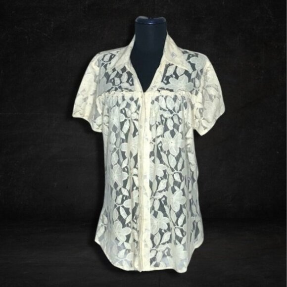 Bohemian Lace Blouse Floral Embroidered Off White Large - Picture 1 of 10